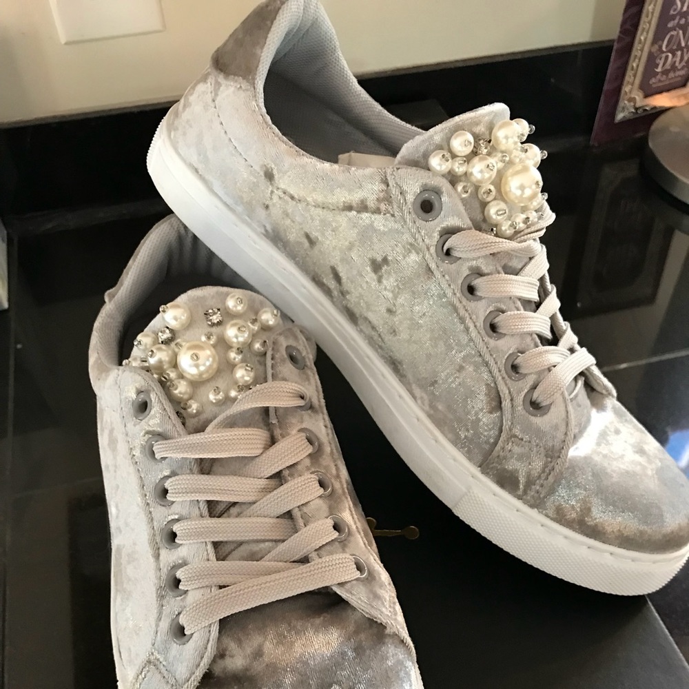 Grey Velvet Sneakers. White pearls on tongue